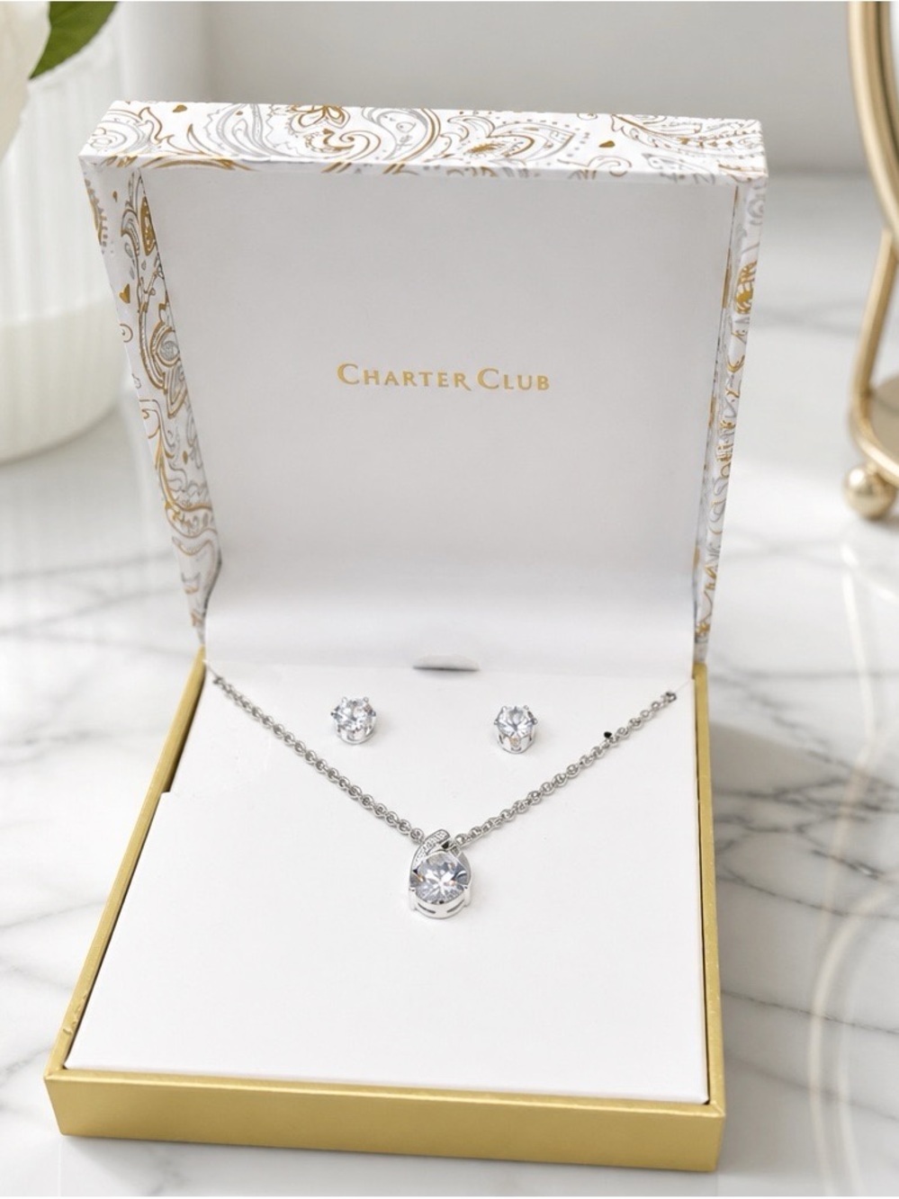 Charter Club Silver-Tone Necklace and Stud Set with Clear Stone